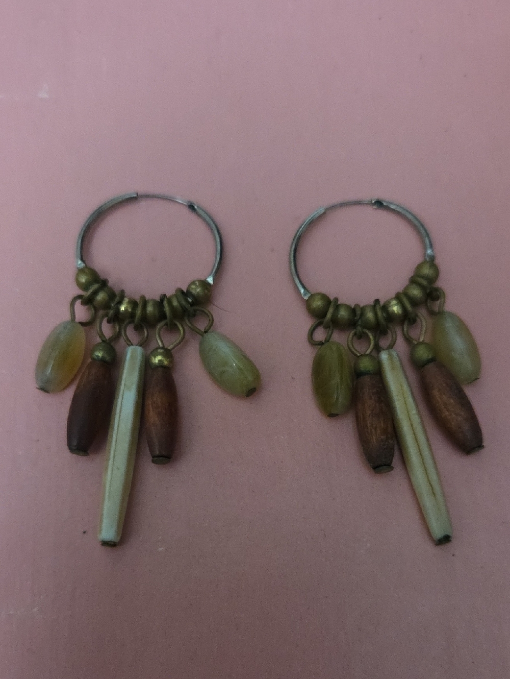 Boho Multi-Bead Dangle Hoop Earrings in Olive and Brown
